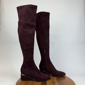 New Womens Torgeis Madaline Burgundy Fabric Thigh High Wedge Boots Size 6 M NWOB